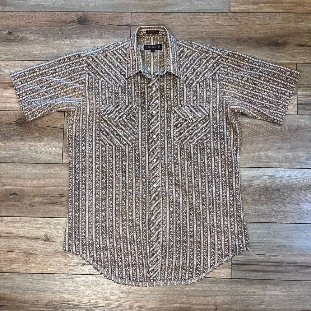 Sheplers Western Pearl Snap Shirt Tan Brown Paisley Floral Short Sleeve Size L